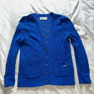 Hollister royal blue crochet knit button cardigan sweater with pockets Y2K